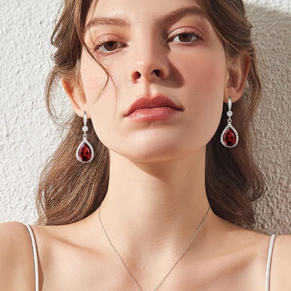 14K White Gold with Red Garnet Cubic Zirconia Teardrop Hook Dangling Earrings - Picture 4 of 5